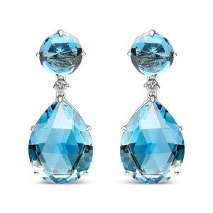 18K White Gold 1/5 Cttw Diamond with Round London Blue Topaz and 20 x 15mm Pear Cut Sky Blue Topaz Gemstone Dangle Earring (G-H Color, SI1-SI2 Clarity)