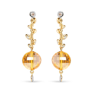 18K Yellow Gold 2/3 Cttw Round Bezel Diamond and 25mm Ball Shaped Yellow Citrine Gemstone Dangle Stud Earring (Brown and G-H Color, SI1-SI2 Clarity)