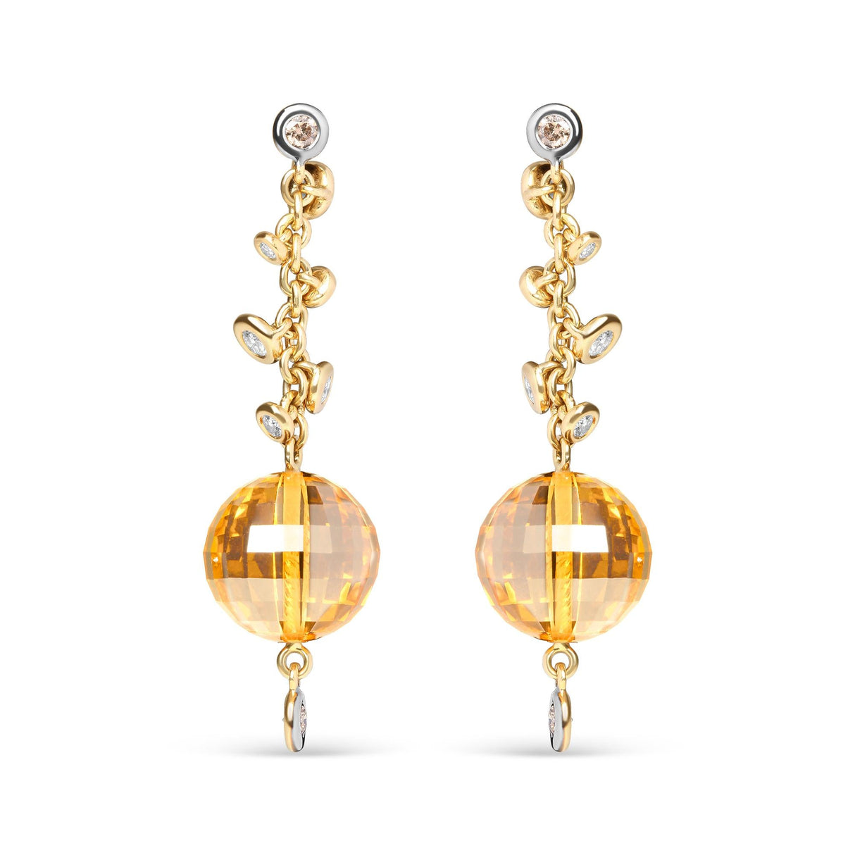 18K Yellow Gold 2/3 Cttw Round Bezel Diamond and 25mm Ball Shaped Yellow Citrine Gemstone Dangle Stud Earring (Brown and G-H Color, SI1-SI2 Clarity)