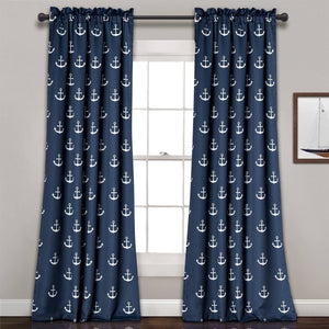 2 Panel 84"L x 52"W Navy Nautical Anchors Window Curtain Set