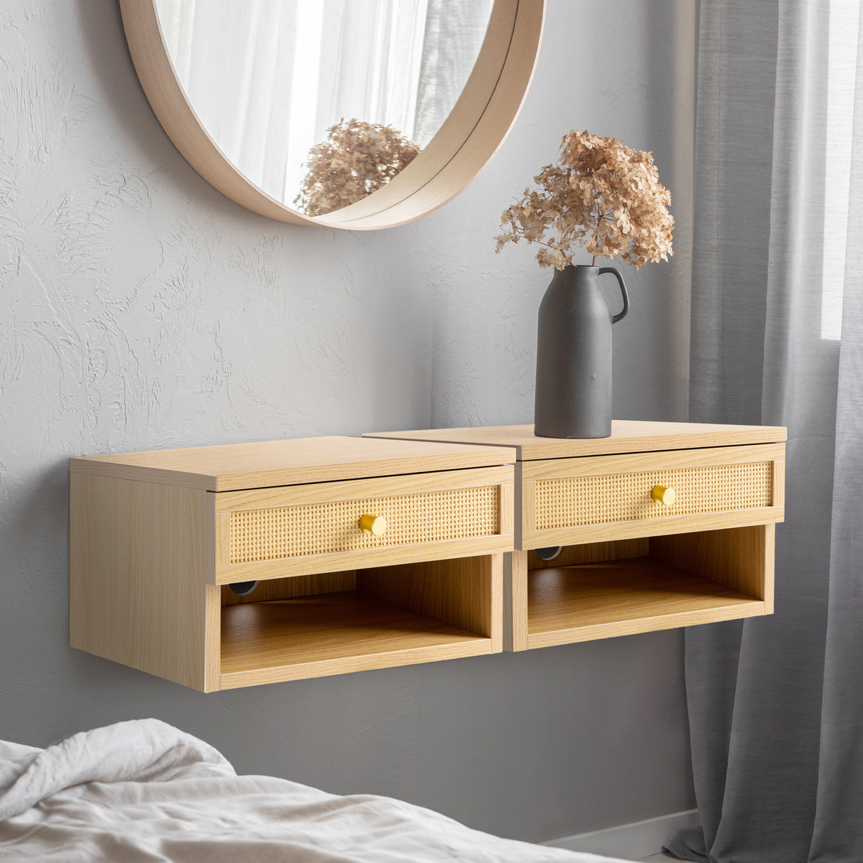 Celerie Mid-Century Modern Floating Wall Mounted Nightstand with Soft-Close Rattan Drawer and Cable Hole