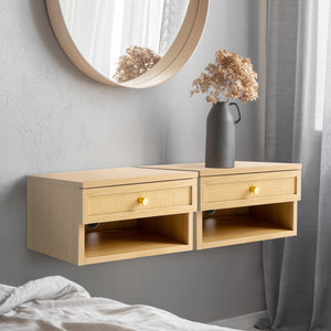 Celerie Mid-Century Modern Floating Wall Mounted Nightstand with Soft-Close Rattan Drawer and Cable Hole