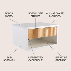 Elise Classic Contemporary Floating Wall Mounted Nightstand with Soft-Close Tambour Drawer and Cable Hole