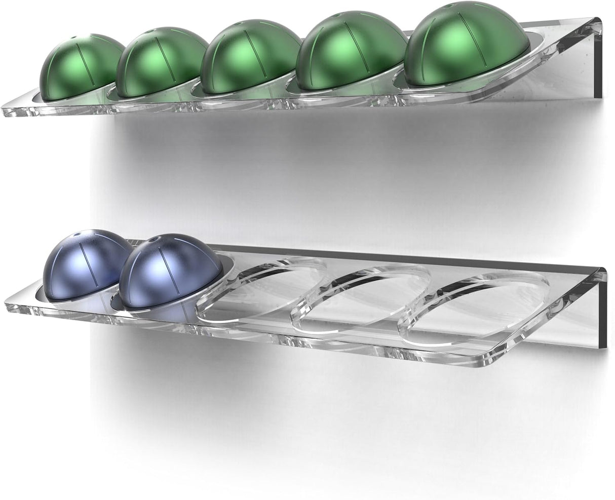 Small Vertuo Capsule Organizer Shelf, Compatible with Nespresso Pods Holder Wall Mount for 10 Coffee Cups, Easy Flavor Access (Adhesive Backing) Clear Acrylic