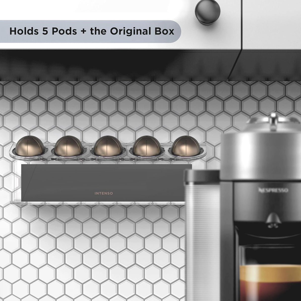 Wall Mounted Organizer for Nespresso Vertuo Pods, Easy-access Acrylic Holder for Original Vertuoline Box and 5 Coffee Pods (5 pods + 1 box)