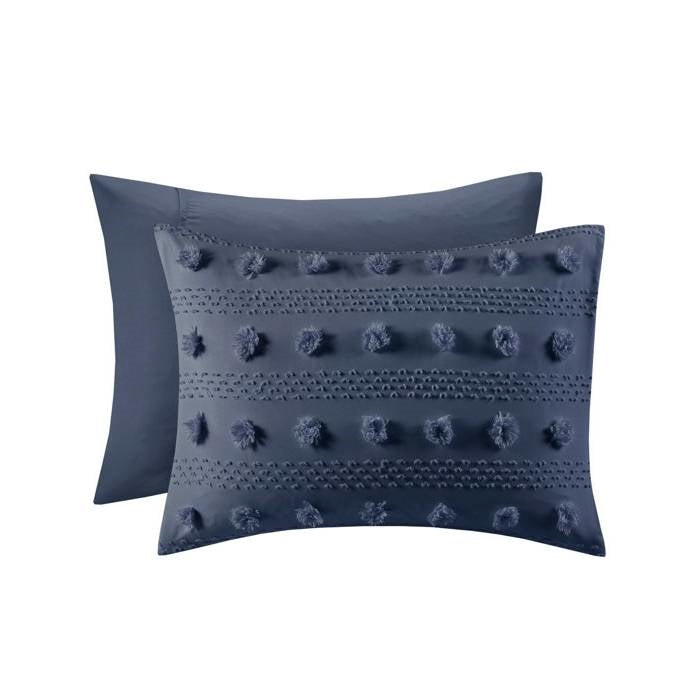 Full/Queen 3 Piece Navy Pompom Microfiber Hypoallergenic Comforter Set