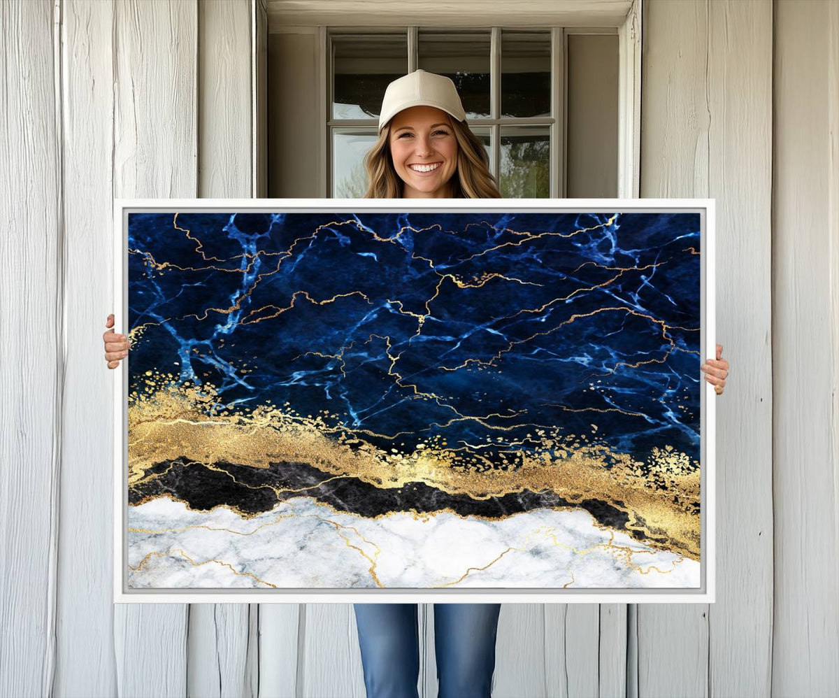 Navy Blue Marble Fluid Effect Wall Art Abstract Canvas Wall