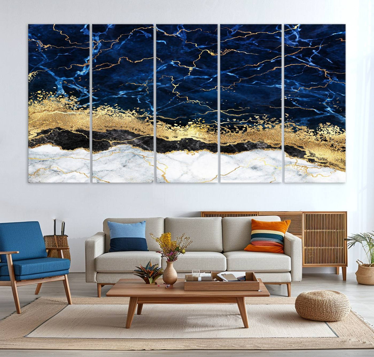 Navy Blue Marble Fluid Effect Wall Art Abstract Canvas Wall