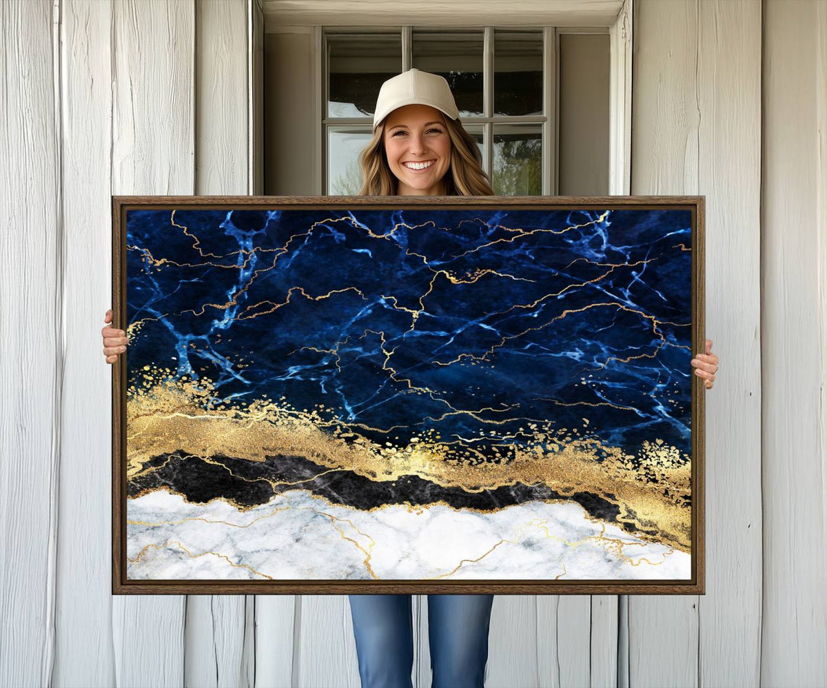 Navy Blue Marble Fluid Effect Wall Art Abstract Canvas Wall