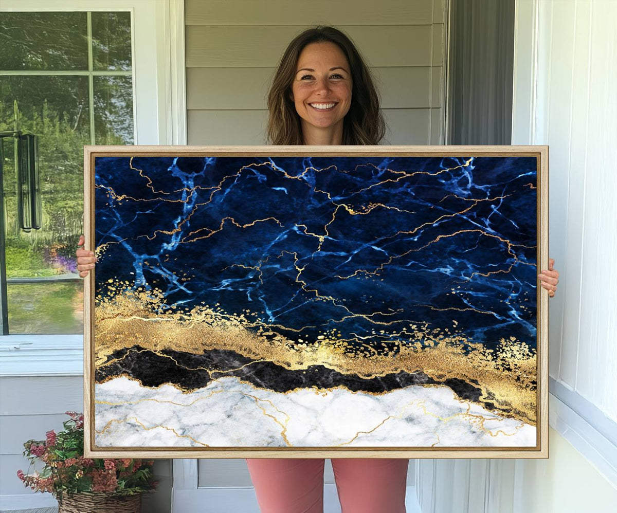 Navy Blue Marble Fluid Effect Wall Art Abstract Canvas Wall