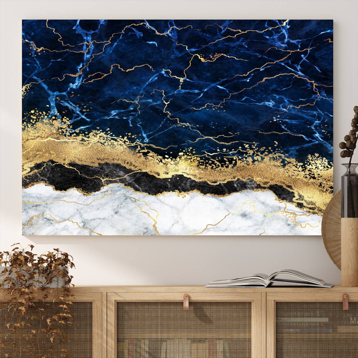 Navy Blue Marble Fluid Effect Wall Art Abstract Canvas Wall
