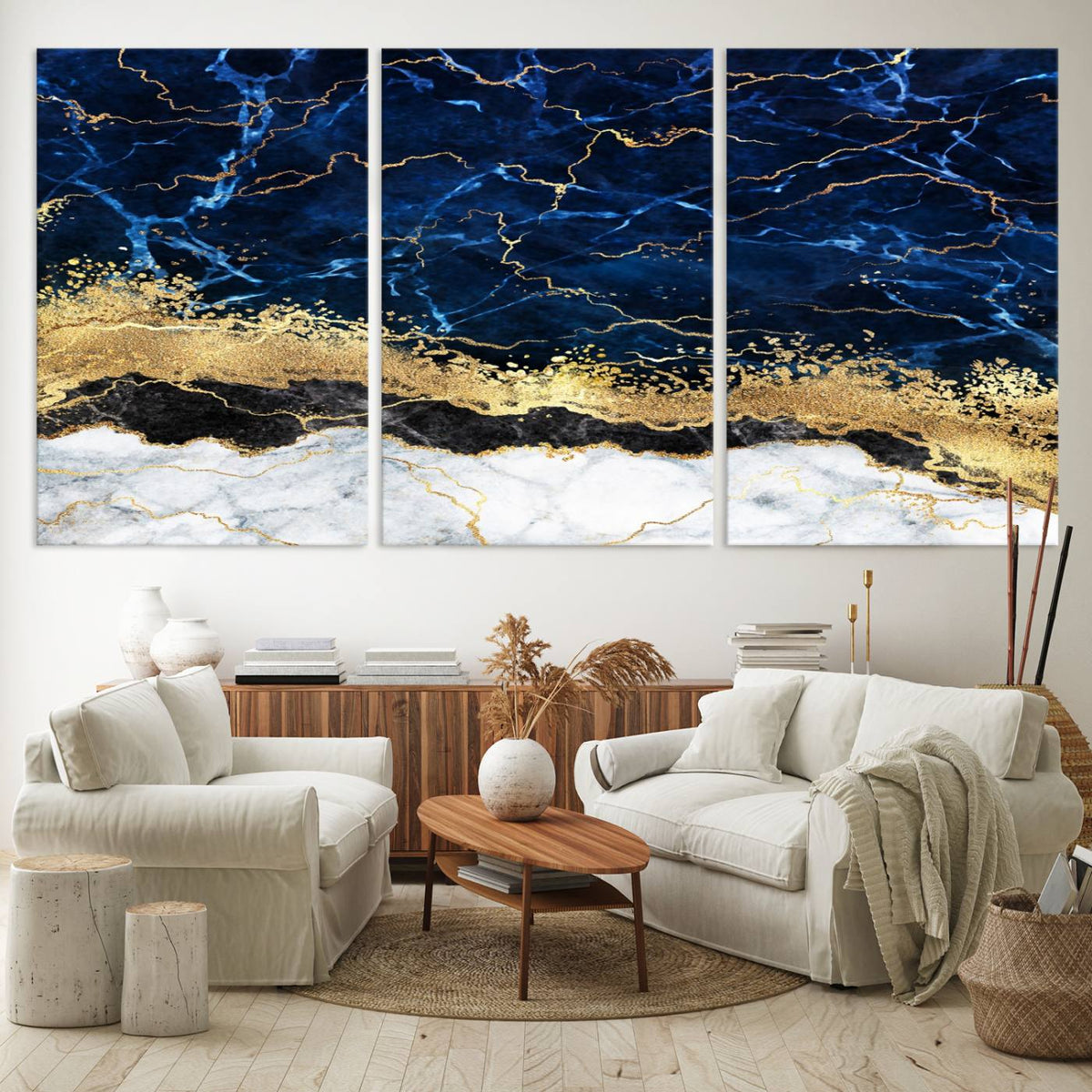 Navy Blue Marble Fluid Effect Wall Art Abstract Canvas Wall