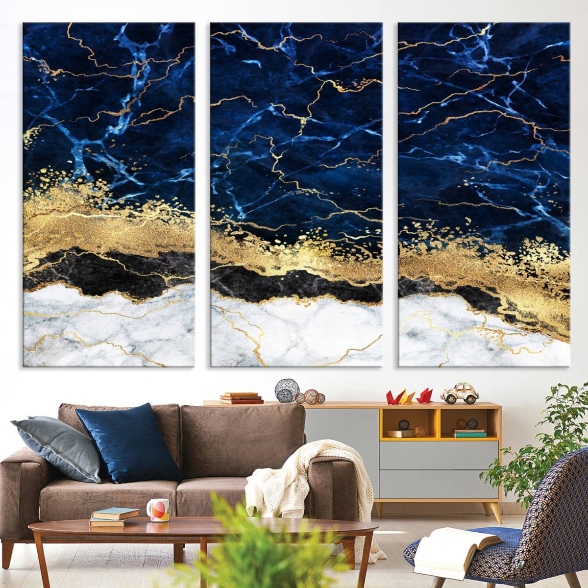 Navy Blue Marble Fluid Effect Wall Art Abstract Canvas Wall