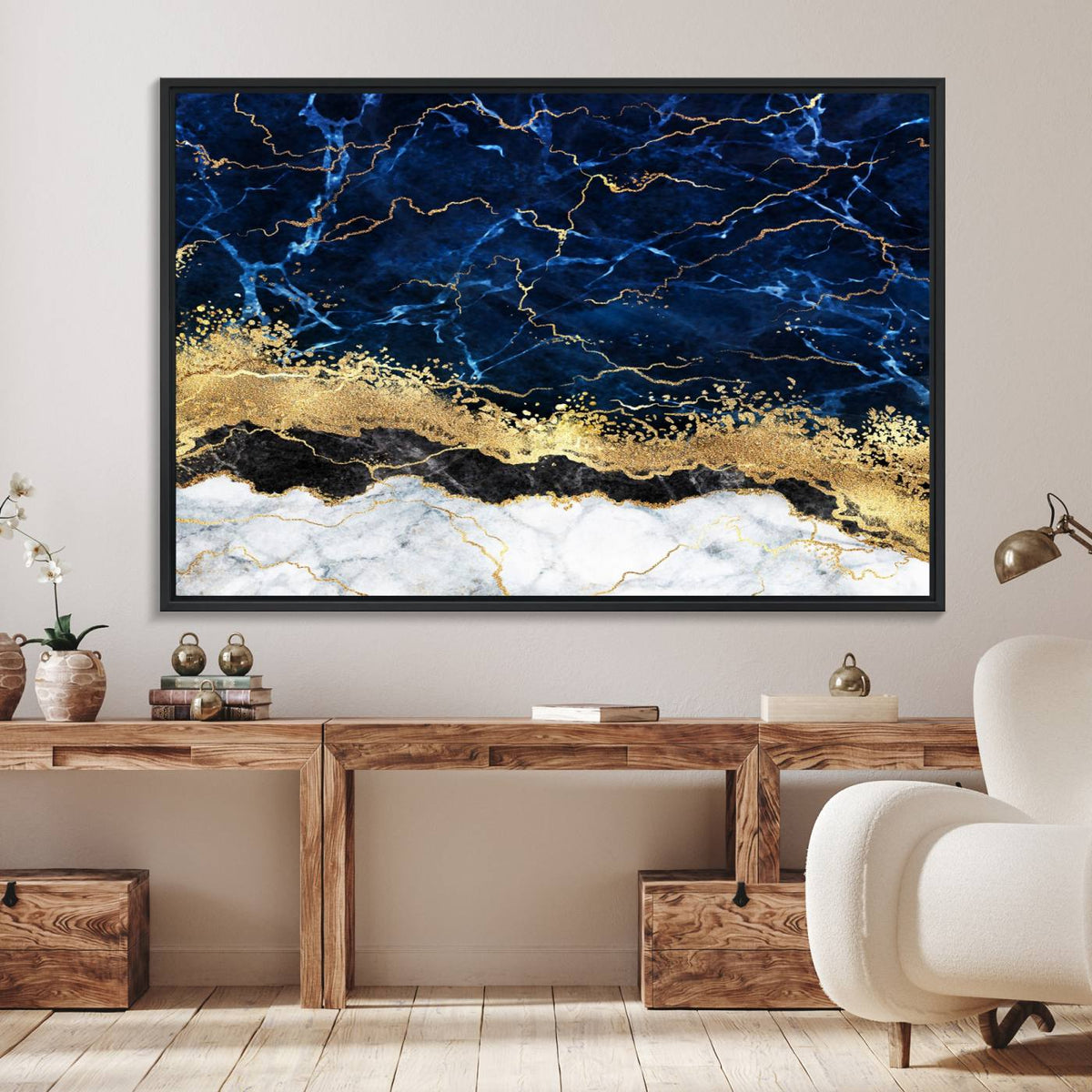 Navy Blue Marble Fluid Effect Wall Art Abstract Canvas Wall