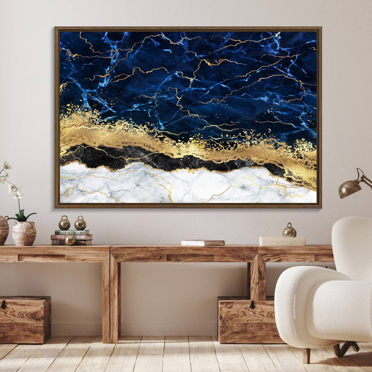 Navy Blue Marble Fluid Effect Wall Art Abstract Canvas Wall