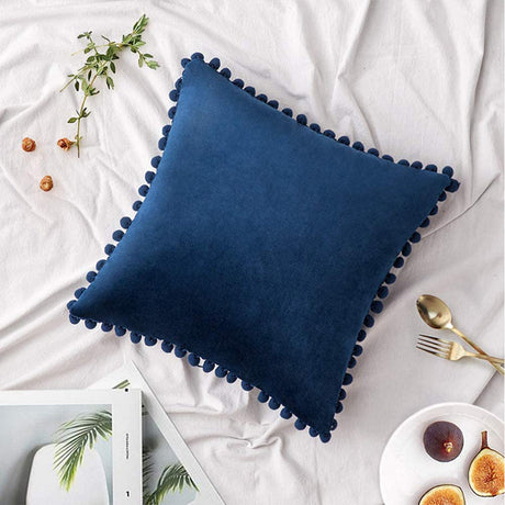 20''x20'' Velvet Pom-Pom Throw Pillow | 7 Colors – Soft & Playful Ball Trim Design | Fun Couch & Bedroom Accent | Insert Included