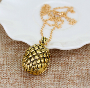 Gold Dragon Egg Pendant Necklace – Antique Fantasy-Inspired Jewelry with Textured Scale Design, 18" Chain