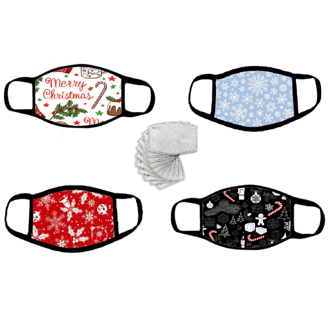 4-Pack Reusable Washable Christmas-Themed Face Masks with Filters
