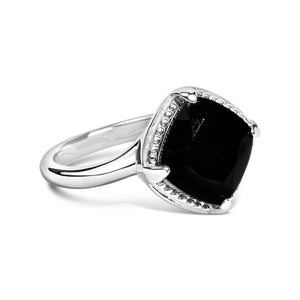 Sterling Silver Cushion Onyx 3-Piece Jewelry Set Ring Earrings Pendant 18 Inch Cable Chain