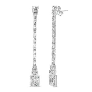 14K White Gold 1 1/2 Cttw Baguette Diamond Composite Mosaic 2" Inch Drop Earrings (E-F Color, VS1-VS2 Clarity)