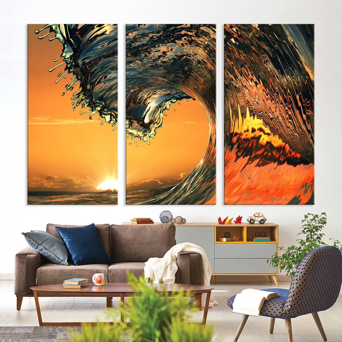 Ocean Wave With Perfect Sunset Canvas Wall Art Print, Framed
