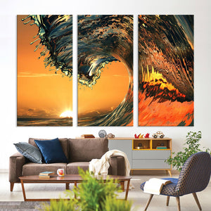 Ocean Wave With Perfect Sunset Canvas Wall Art Print, Framed