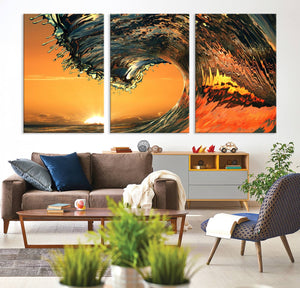 Ocean Wave With Perfect Sunset Canvas Wall Art Print, Framed