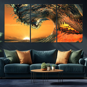 Ocean Wave With Perfect Sunset Canvas Wall Art Print, Framed