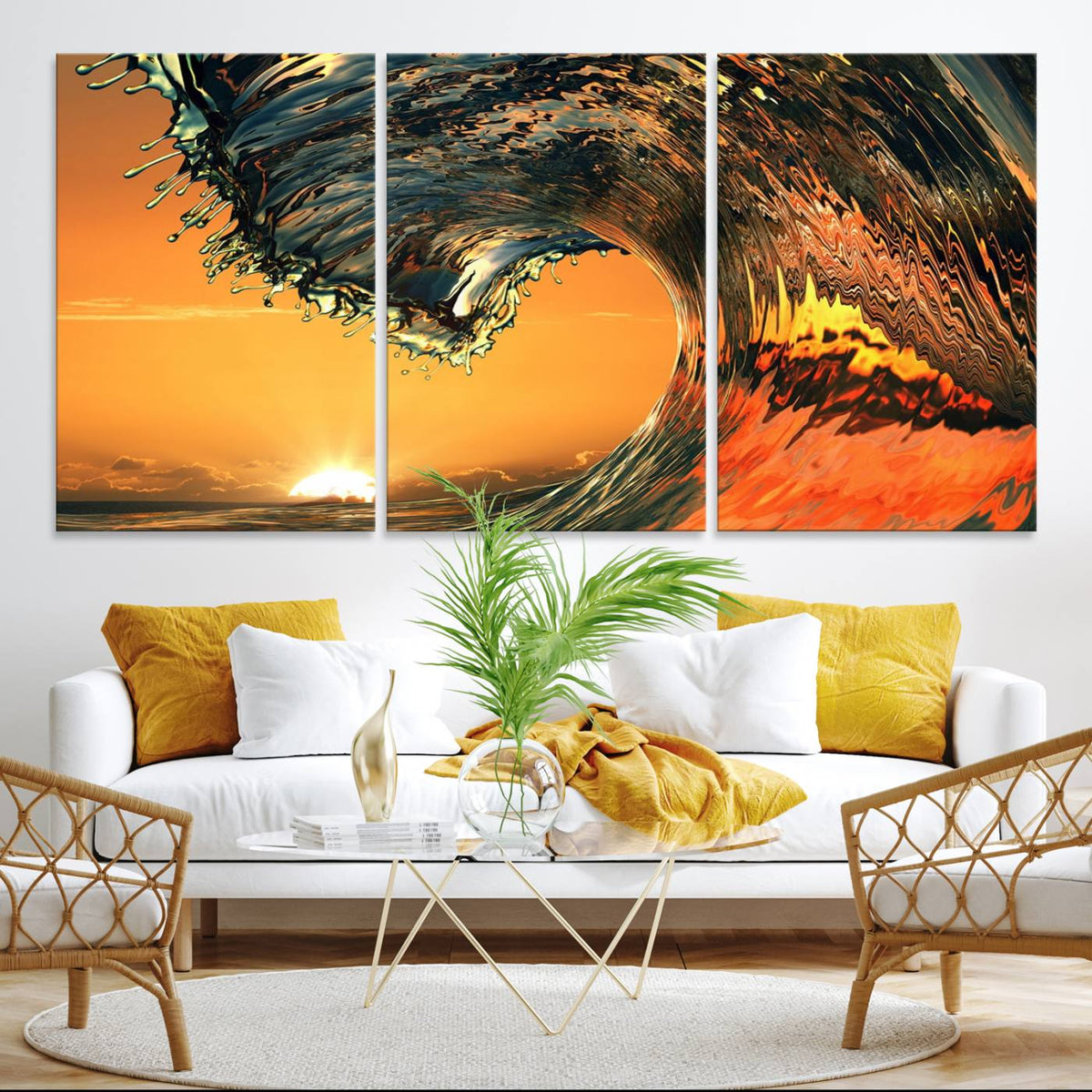 Ocean Wave With Perfect Sunset Canvas Wall Art Print, Framed