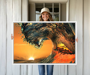 Ocean Wave With Perfect Sunset Canvas Wall Art Print, Framed