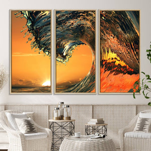 Ocean Wave With Perfect Sunset Canvas Wall Art Print, Framed