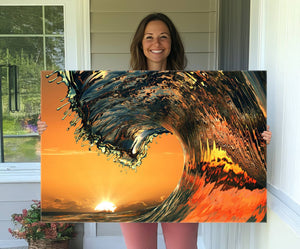 Ocean Wave With Perfect Sunset Canvas Wall Art Print, Framed