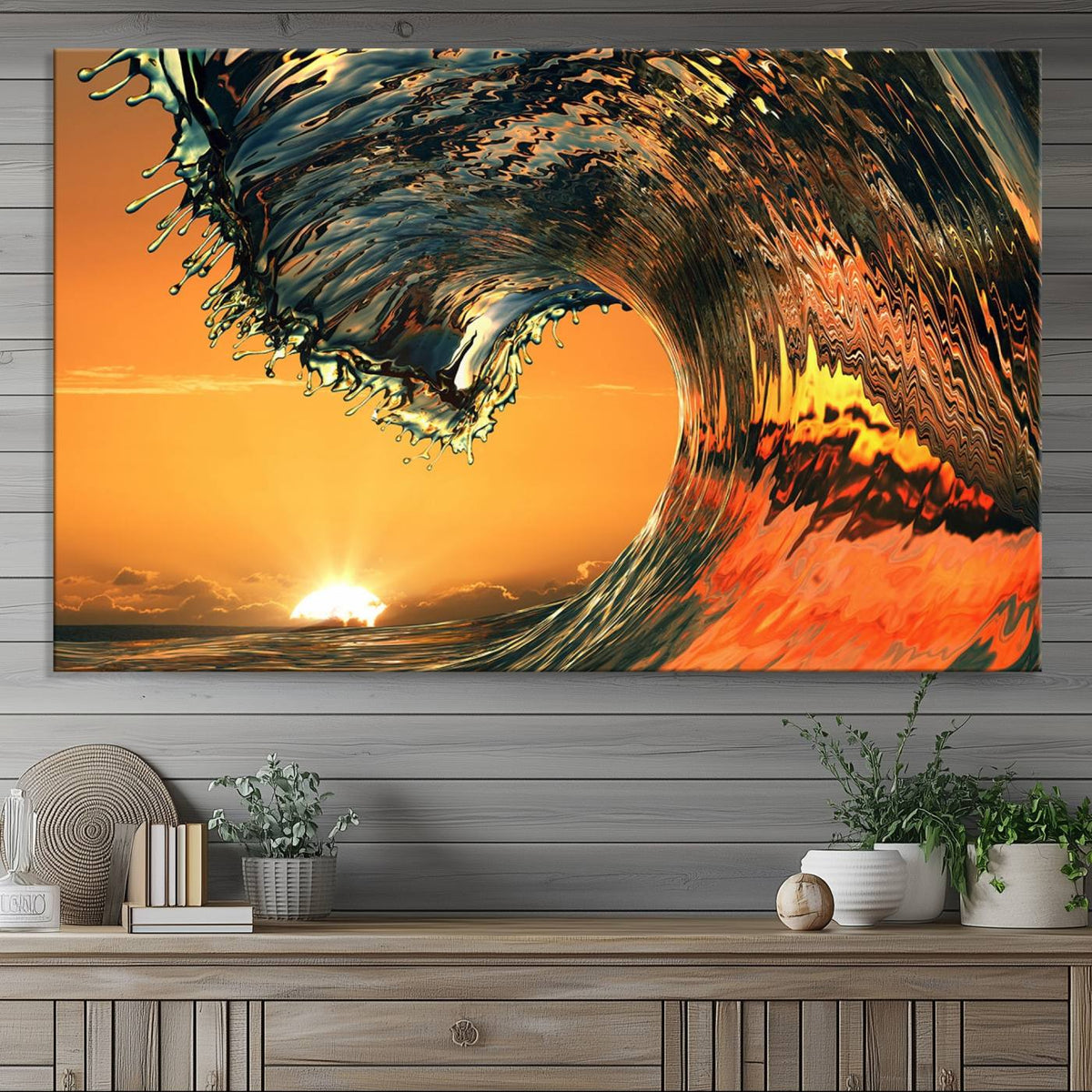 Ocean Wave With Perfect Sunset Canvas Wall Art Print, Framed