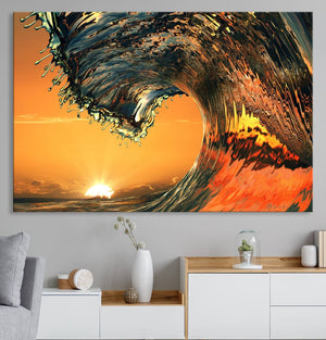 Ocean Wave With Perfect Sunset Canvas Wall Art Print, Framed