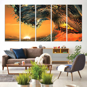Ocean Wave With Perfect Sunset Canvas Wall Art Print, Framed
