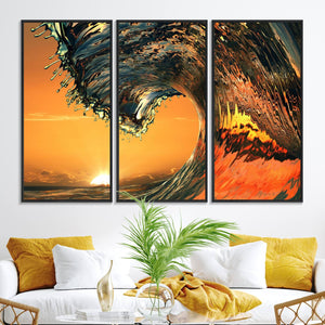 Ocean Wave With Perfect Sunset Canvas Wall Art Print, Framed