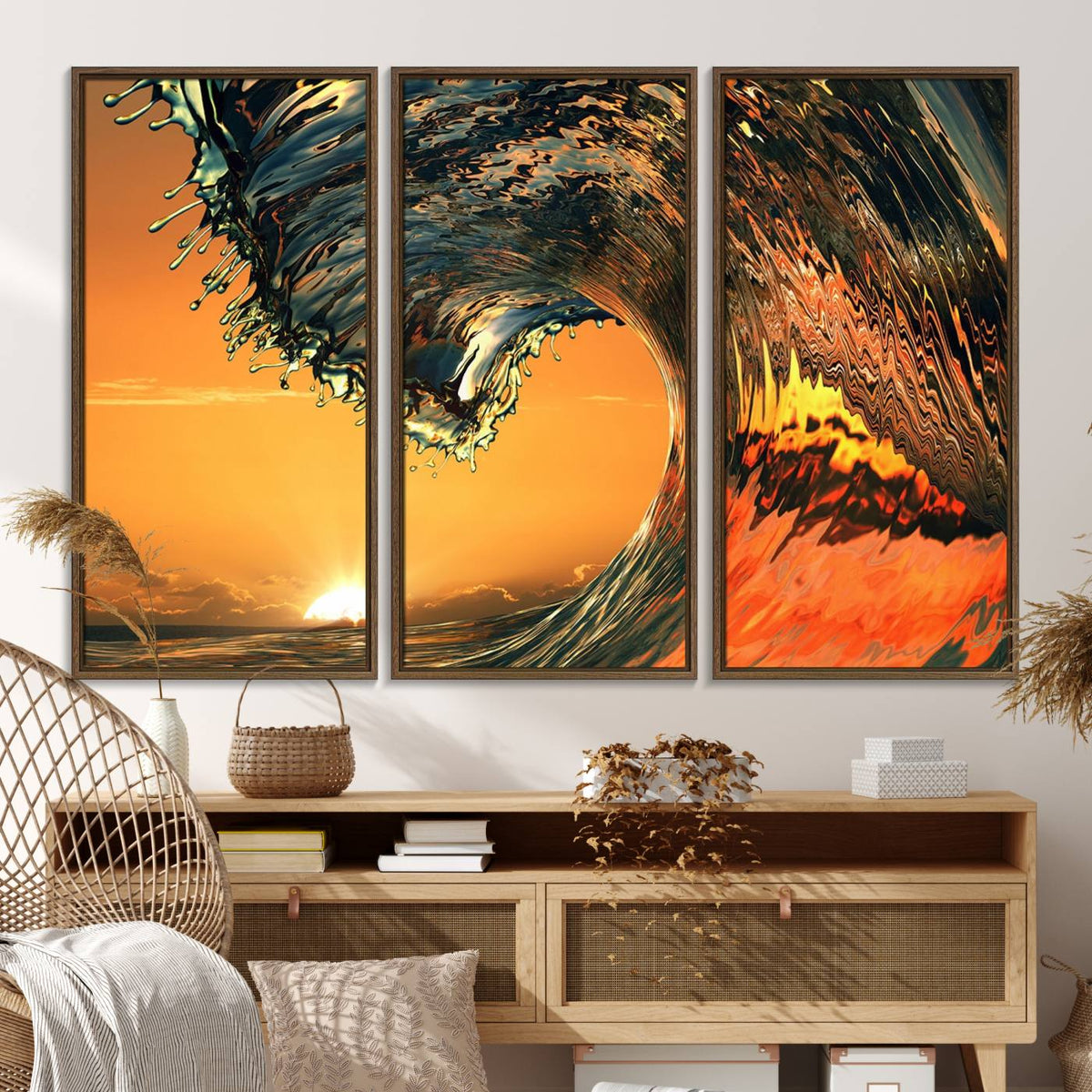 Ocean Wave With Perfect Sunset Canvas Wall Art Print, Framed