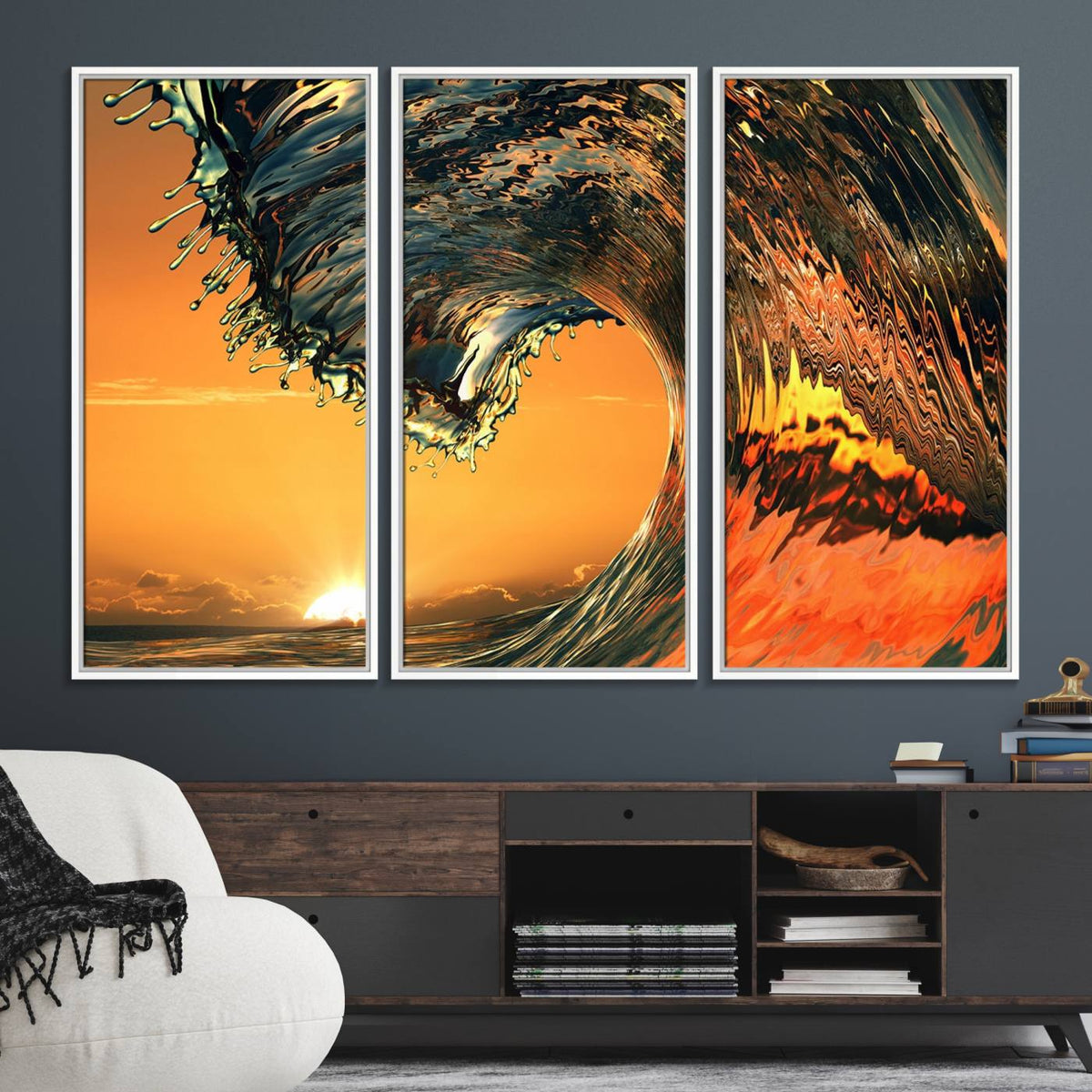 Ocean Wave With Perfect Sunset Canvas Wall Art Print, Framed