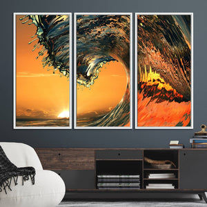 Ocean Wave With Perfect Sunset Canvas Wall Art Print, Framed
