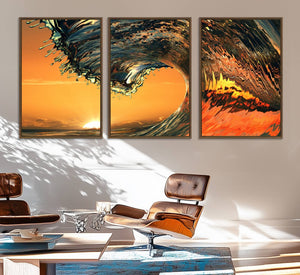 Ocean Wave With Perfect Sunset Canvas Wall Art Print, Framed