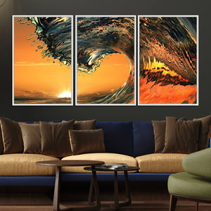 Ocean Wave With Perfect Sunset Canvas Wall Art Print, Framed