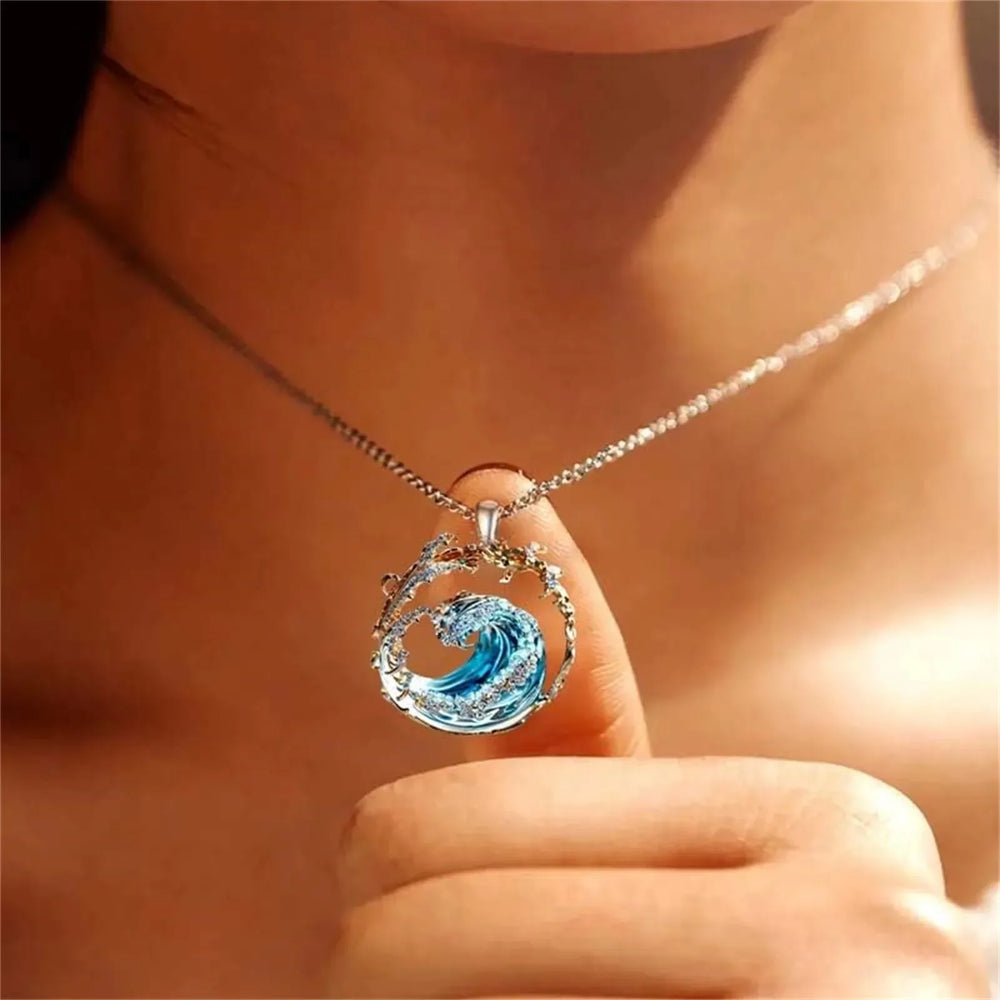 Ocean Wave Pendant Necklace for Women Stainless Steel Sea Jewelry Gift