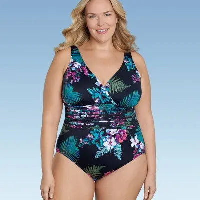 Aqua Green Women's Deep V-Neck One Piece Swimsuit UPF 50 Tummy Control