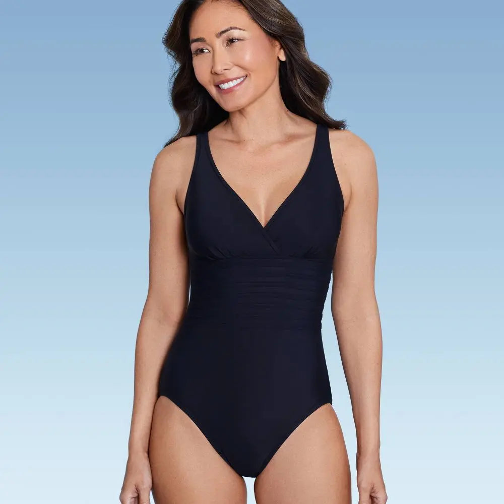 Aqua Green Women's Deep V-Neck One Piece Swimsuit UPF 50 Tummy Control