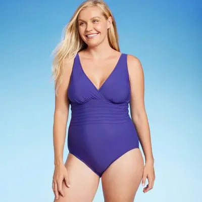 Aqua Green Women's Deep V-Neck One Piece Swimsuit UPF 50 Tummy Control