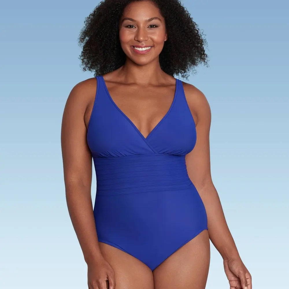 Aqua Green Women's Deep V-Neck One Piece Swimsuit UPF 50 Tummy Control