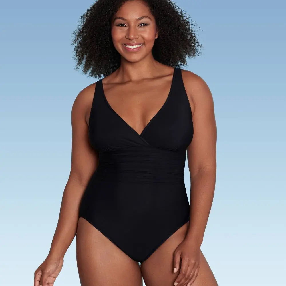 Aqua Green Women's Deep V-Neck One Piece Swimsuit UPF 50 Tummy Control