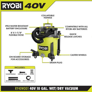 Open Box -  RYOBI 40V 10 Gal. Cordless Wet/Dry Vacuum (Tool Only), Greens
