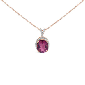 14K Rose Gold Vermeil Sterling Silver 1/5 Cttw Diamond Pink Quartz Oval Pendant Necklace
