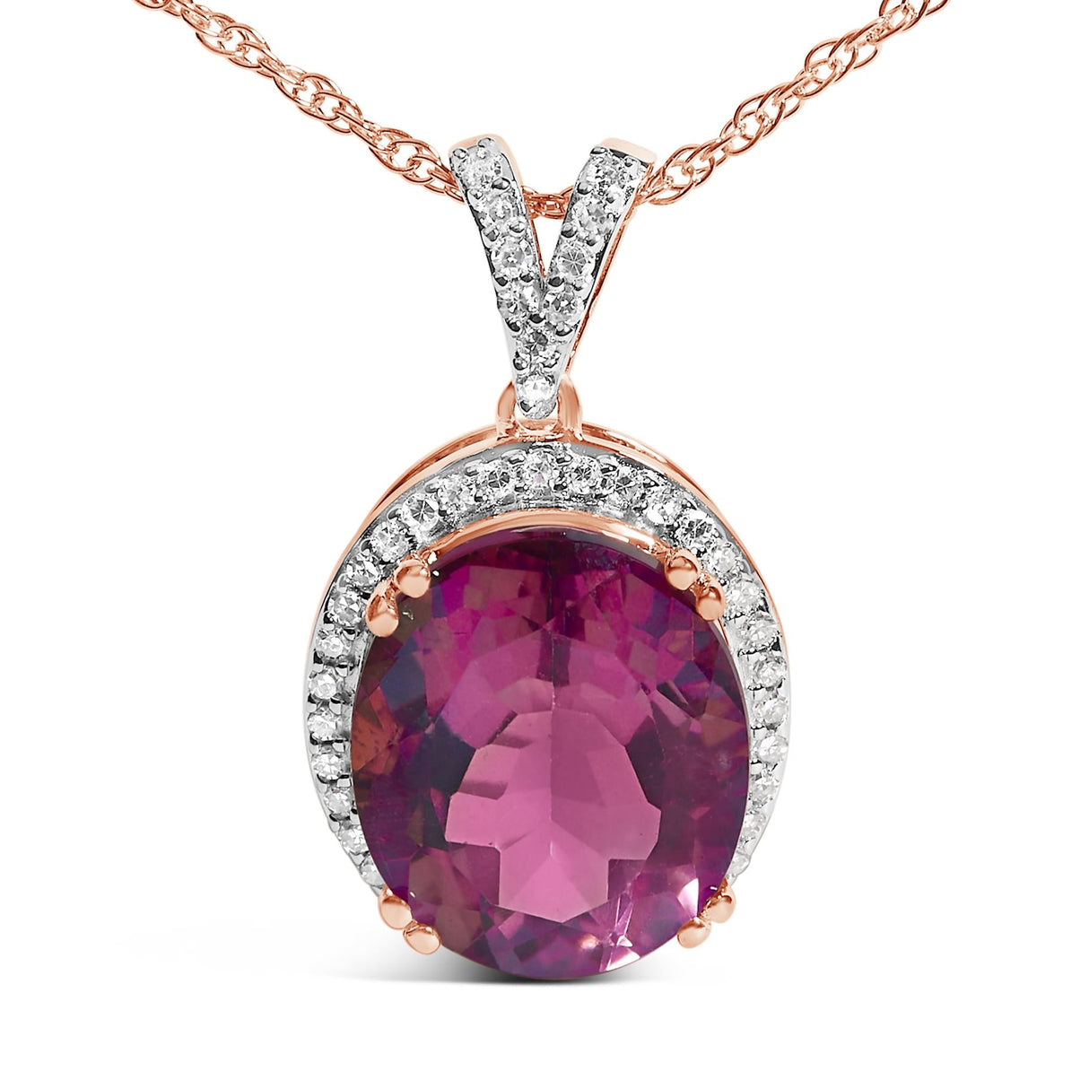 14K Rose Gold Vermeil Sterling Silver 1/5 Cttw Diamond Pink Quartz Oval Pendant Necklace
